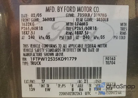 2005 Ford F150 Supercrew from USA, damaged, VIN 1FTPW12535KD91779